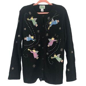 Vintage Quaker Factory Christmas Holiday Sweater Cardigan Angels Appliques S M